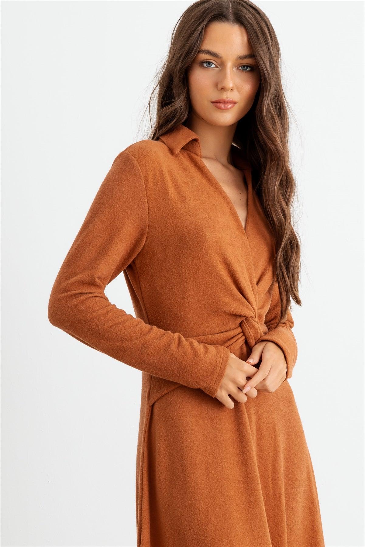 Rust Collar Neck Long Sleeve Twist Front Midi Dress /2-2-2