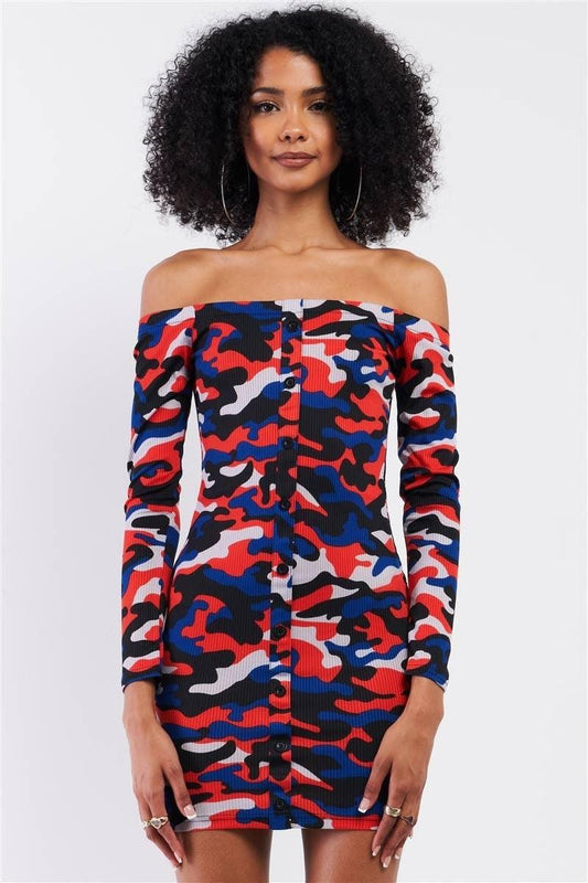 Red Multi Camo Ribbed Off-The-Shoulder Button Down Bodycon Mini Dress /2-2-2