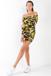 Yellow & Beige Camo Ribbed Off-The-Shoulder Button Down Bodycon Mini Dress /2-3-1