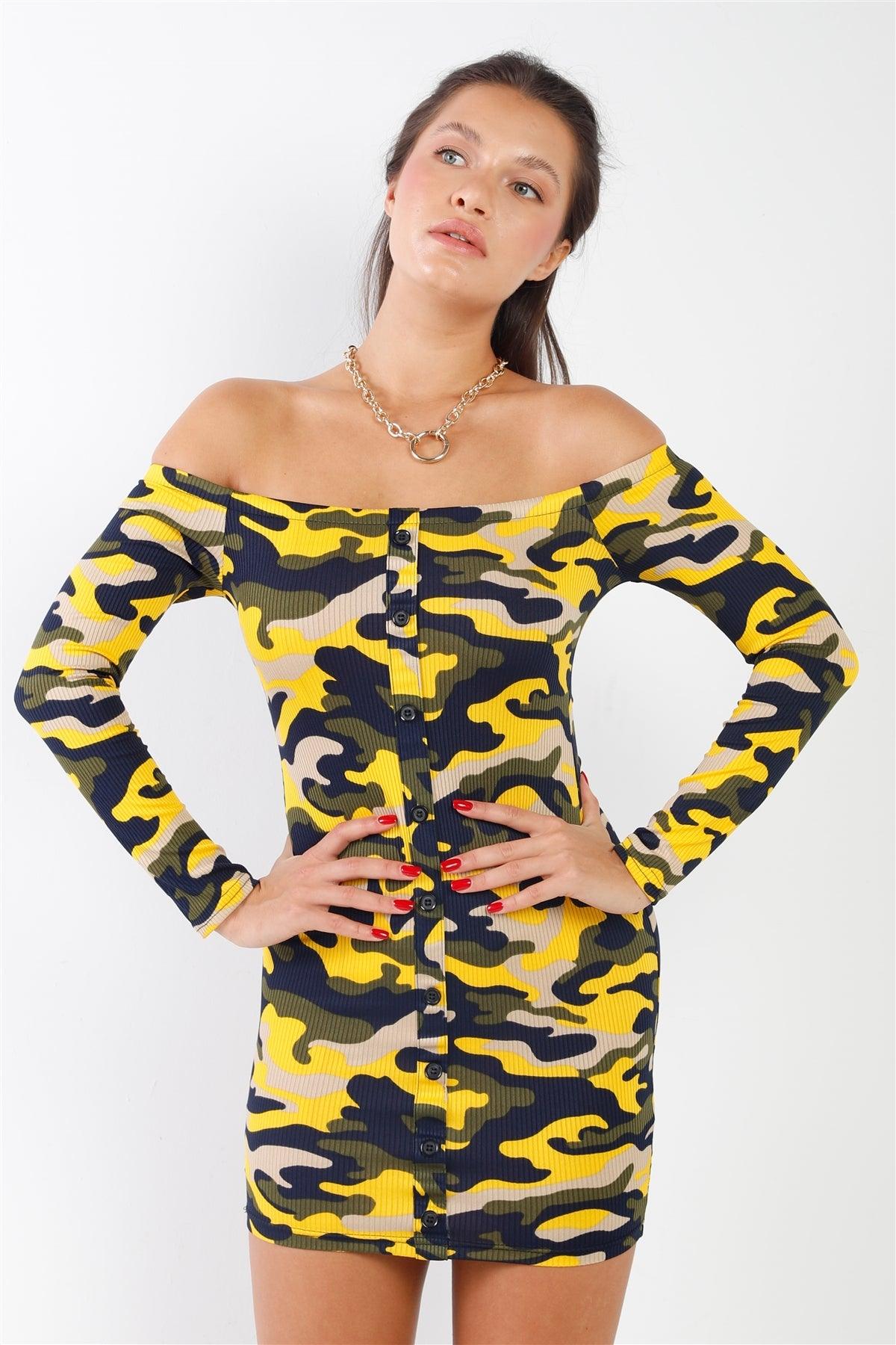 Yellow & Beige Camo Ribbed Off-The-Shoulder Button Down Bodycon Mini Dress /2-3-1