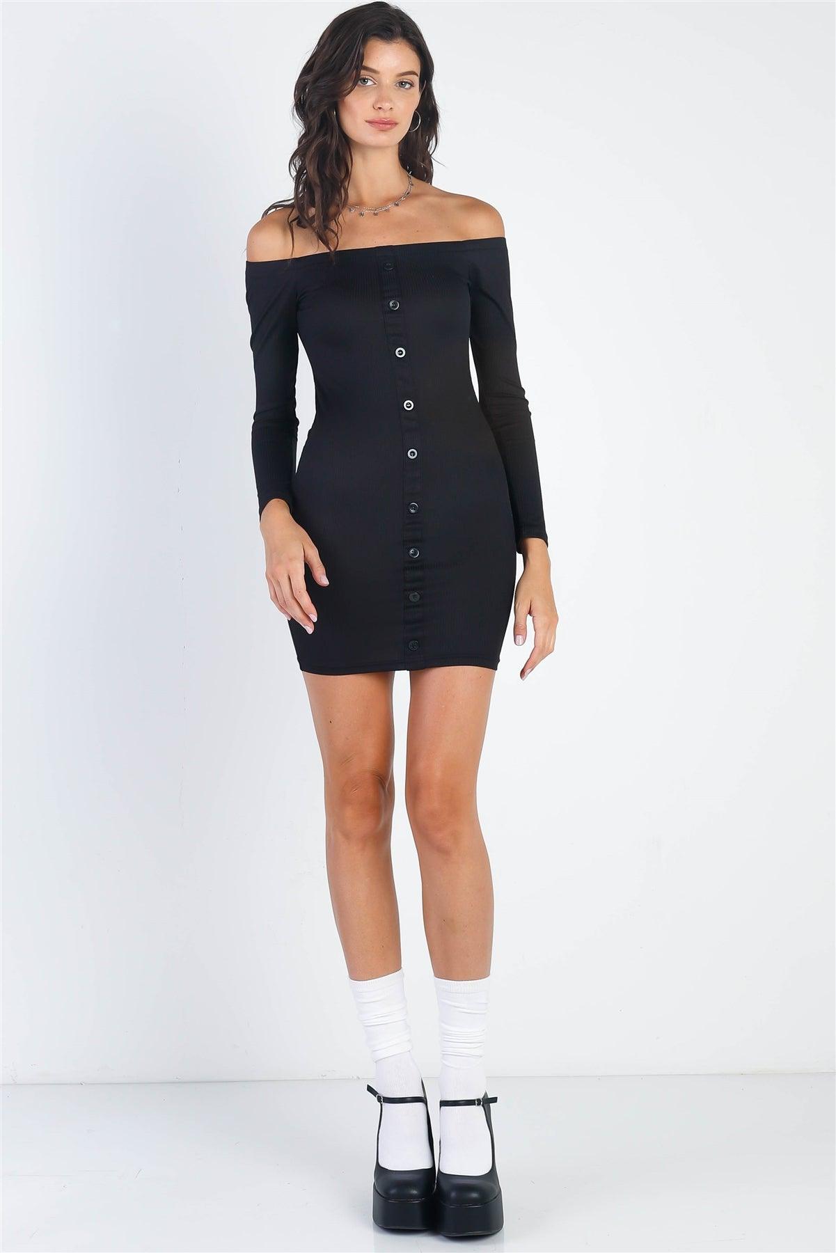 Black Ribbed Off-The-Shoulder Button Down Bodycon Mini Dress /2-2-2