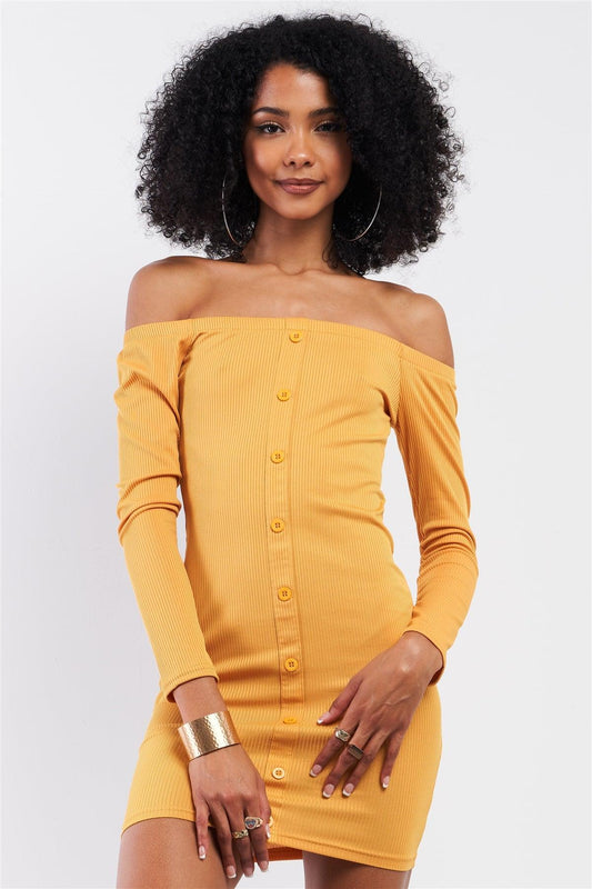 Mustard Ribbed Off-The-Shoulder Button Down Bodycon Mini Dress /2-2-2