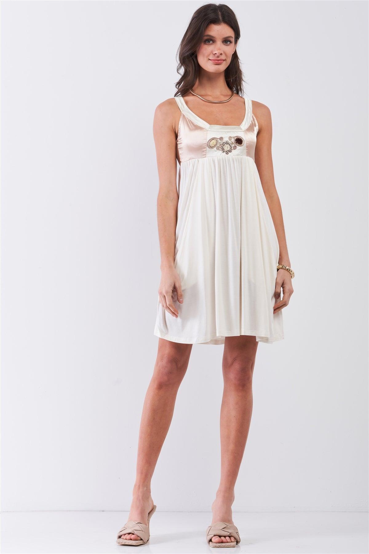 Dear Juliet White & Champagne Gold Sleeveless Embroidered Satin Detail Mini Dress /3-2