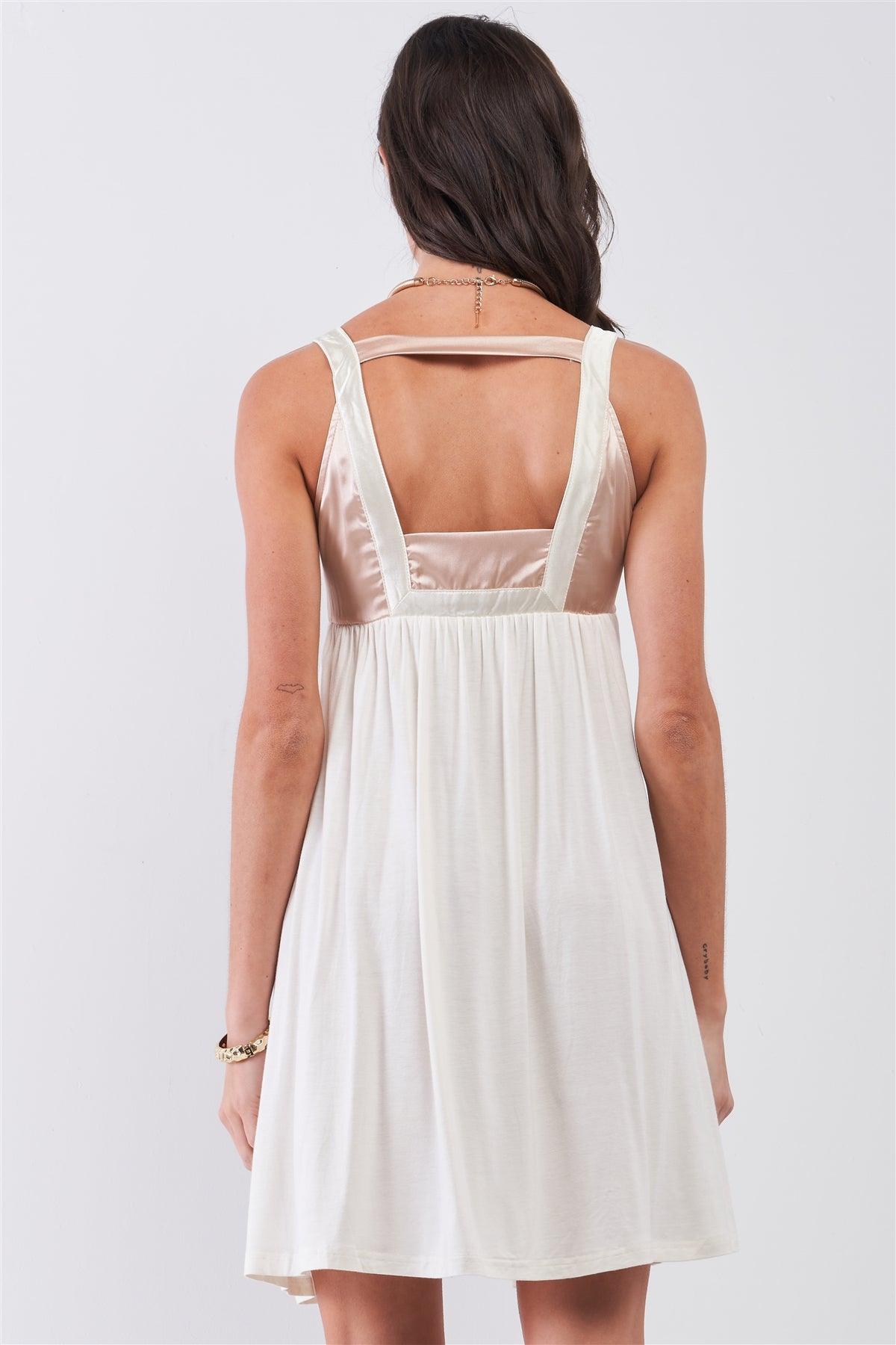 Dear Juliet White & Champagne Gold Sleeveless Embroidered Satin Detail Mini Dress /3-2