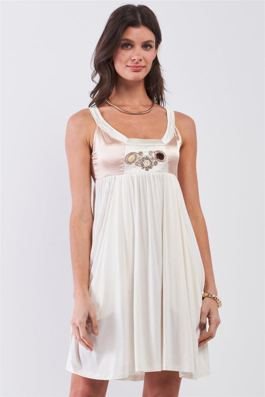 Dear Juliet White & Champagne Gold Sleeveless Embroidered Satin Detail Mini Dress /3-3