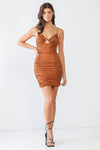 Brown Satin Ruched Strappy Mini Dress