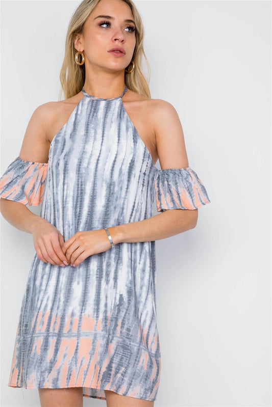 Grey Peach Tie Dye Flounce Sleeve Boho Dress /3-2-1