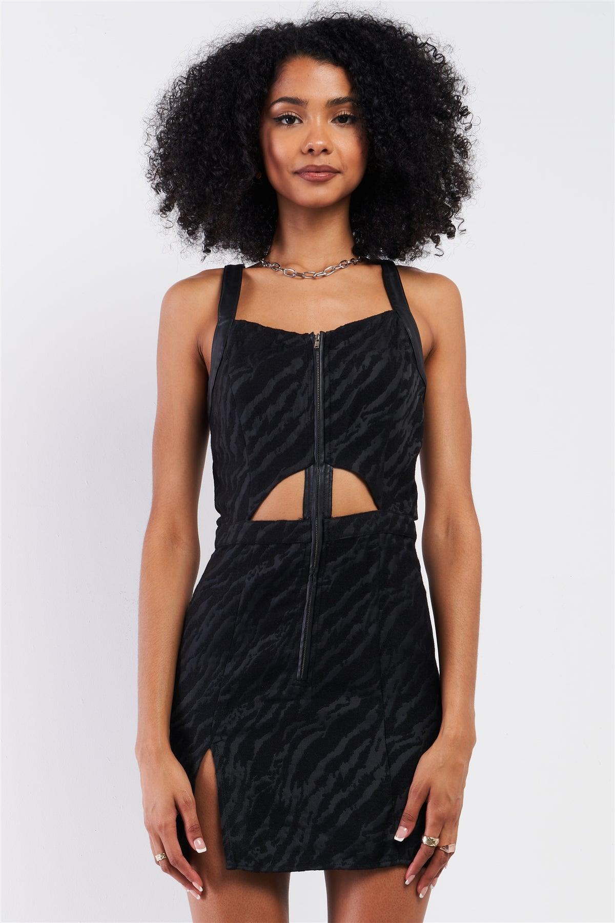 Black Zebra Print Sleeveless Soft V-Neck Front Vegan Leather Zipper Detail Cut Out Details Mini Dress /1-2-2-1