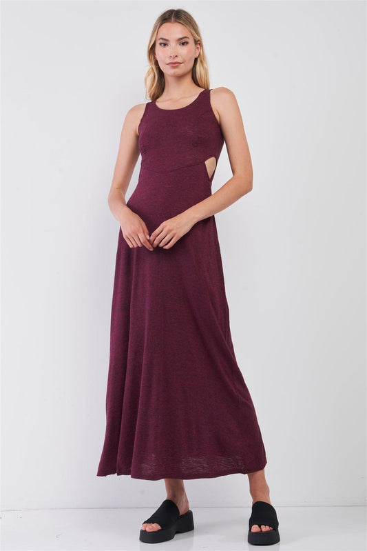 Wine Sleeveless Round Neck Crochet Back Detail Cut-Out Maxi Dress /1-2-2-1