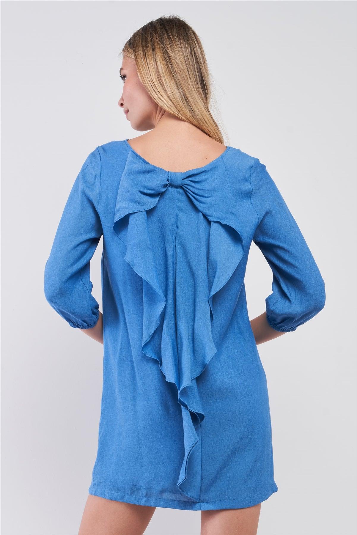 Azure Blue Balloon Sleeve Bow Back Detail Straight-Cut Loose Mini Dress /1-2-2-1