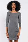 Heather Grey Multi-Striped Boat Neck 3/4 Sleeve Fitted Mini Dress /1-2-2-1