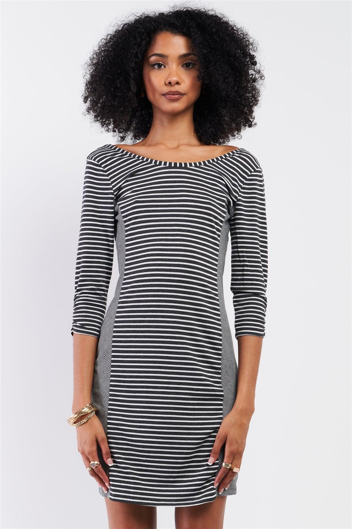 Heather Grey Multi-Striped Boat Neck 3/4 Sleeve Fitted Mini Dress /1-2-2-1