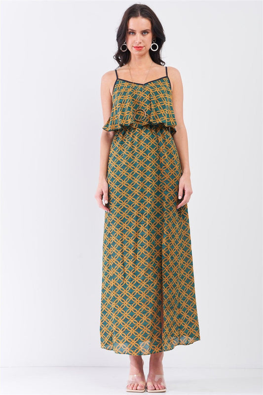 Mustard Multi Printed Sleeveless Criss-Cross Back Side Slit Detail Maxi Dress /1-3-1