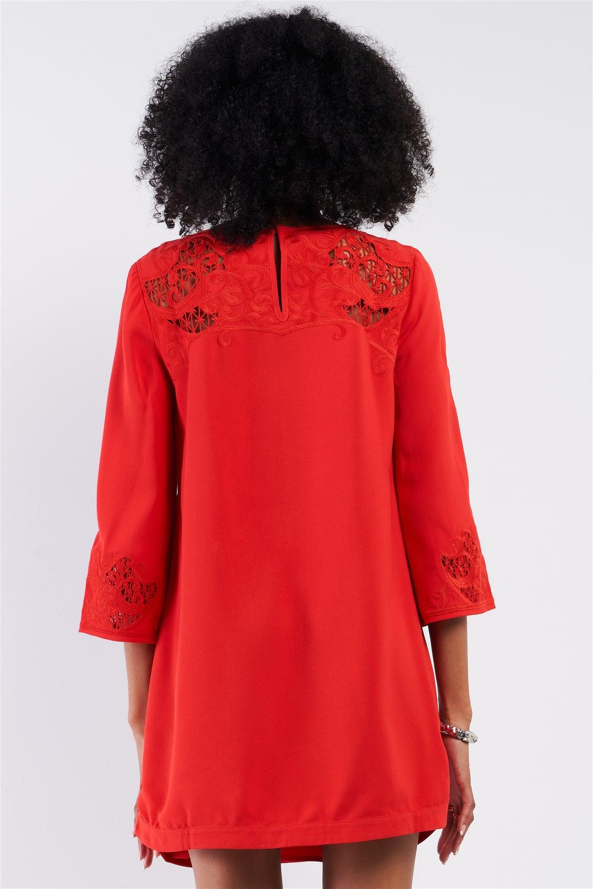 Red Crochet Embroidery Relaxed Fit Round Neck 3/4 Sleeve Mini Dress/2-2-1