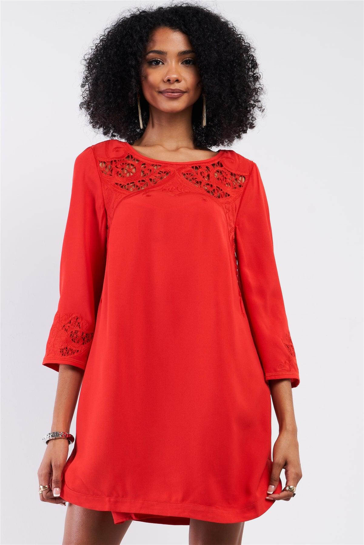 Red Crochet Embroidery Relaxed Fit Round Neck 3/4 Sleeve Mini Dress/2-2-1