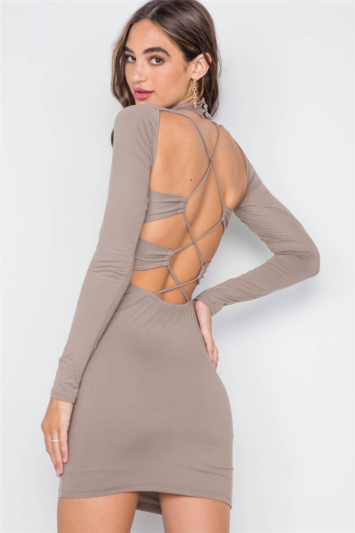 Tan Solid Open Back Bodycon Mini Dress /2-2-2