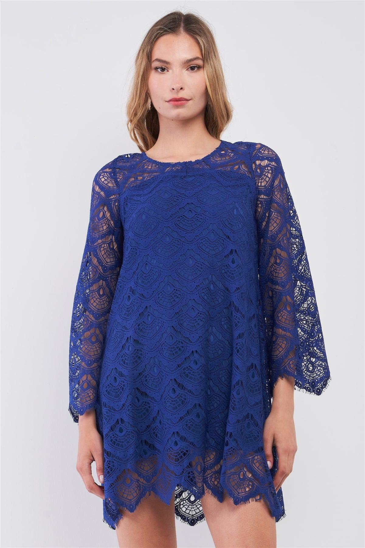 Royal Blue Crochet Lace Round Neck Long Bell Sleeve Zigzag Hem Loose Fit Mini Dress /2-3-1