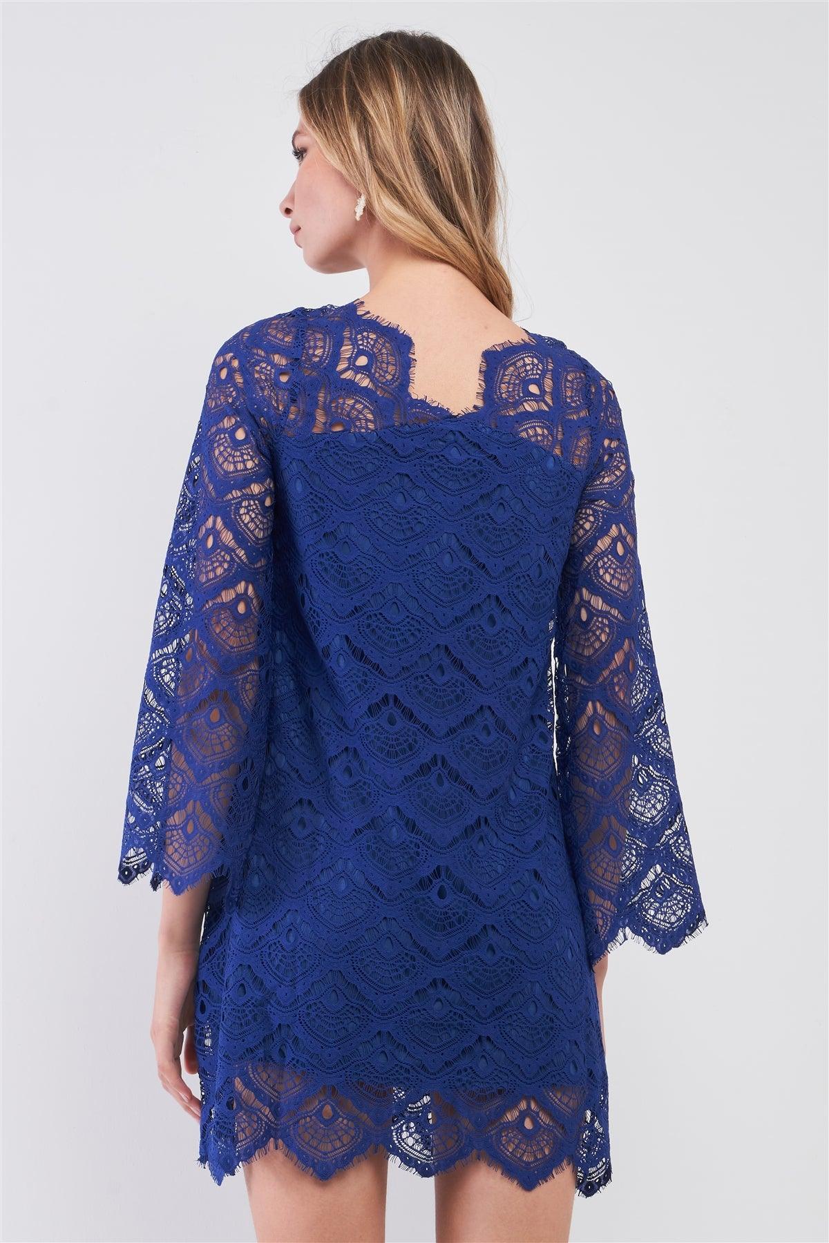 Royal Blue Crochet Lace Round Neck Long Bell Sleeve Zigzag Hem Loose Fit Mini Dress /2-3-1