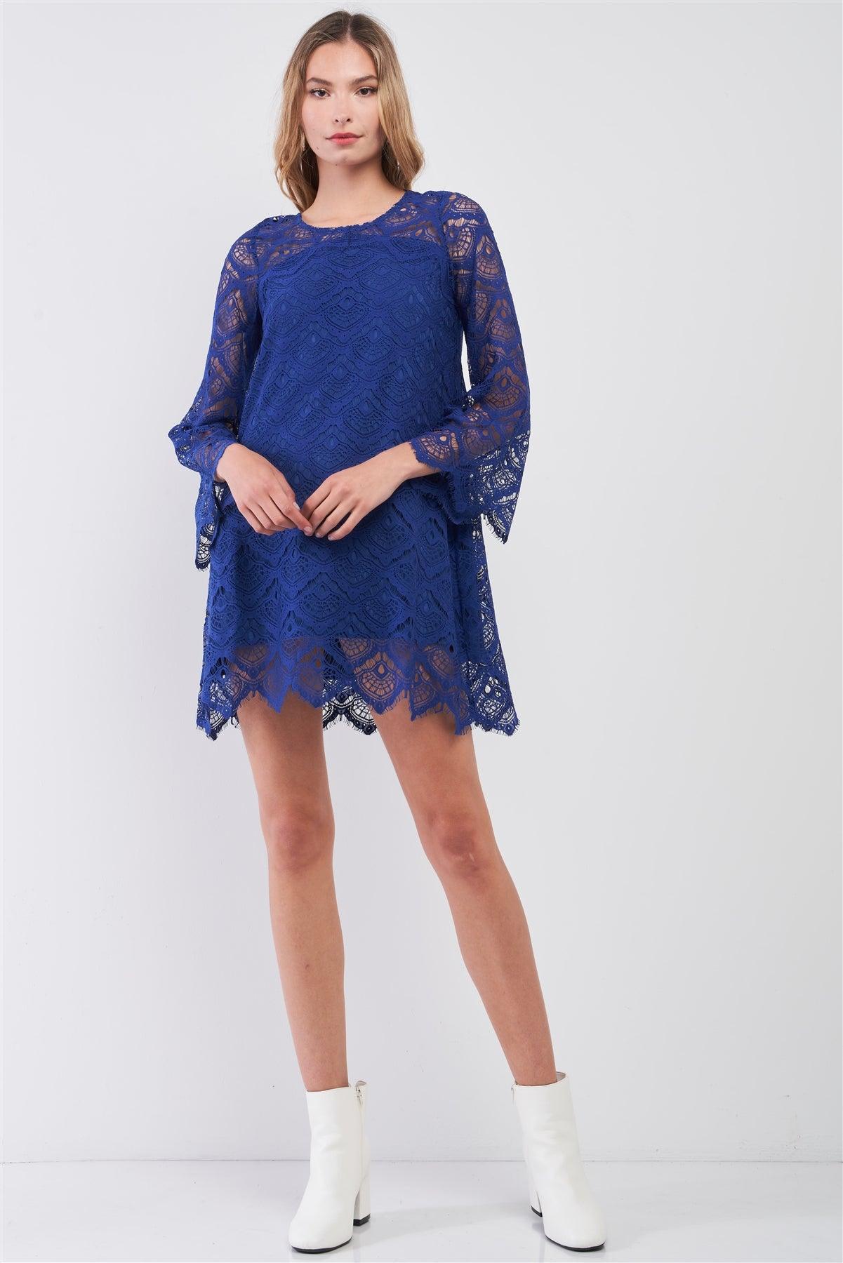 Royal Blue Crochet Lace Round Neck Long Bell Sleeve Zigzag Hem Loose Fit Mini Dress /2-3-1