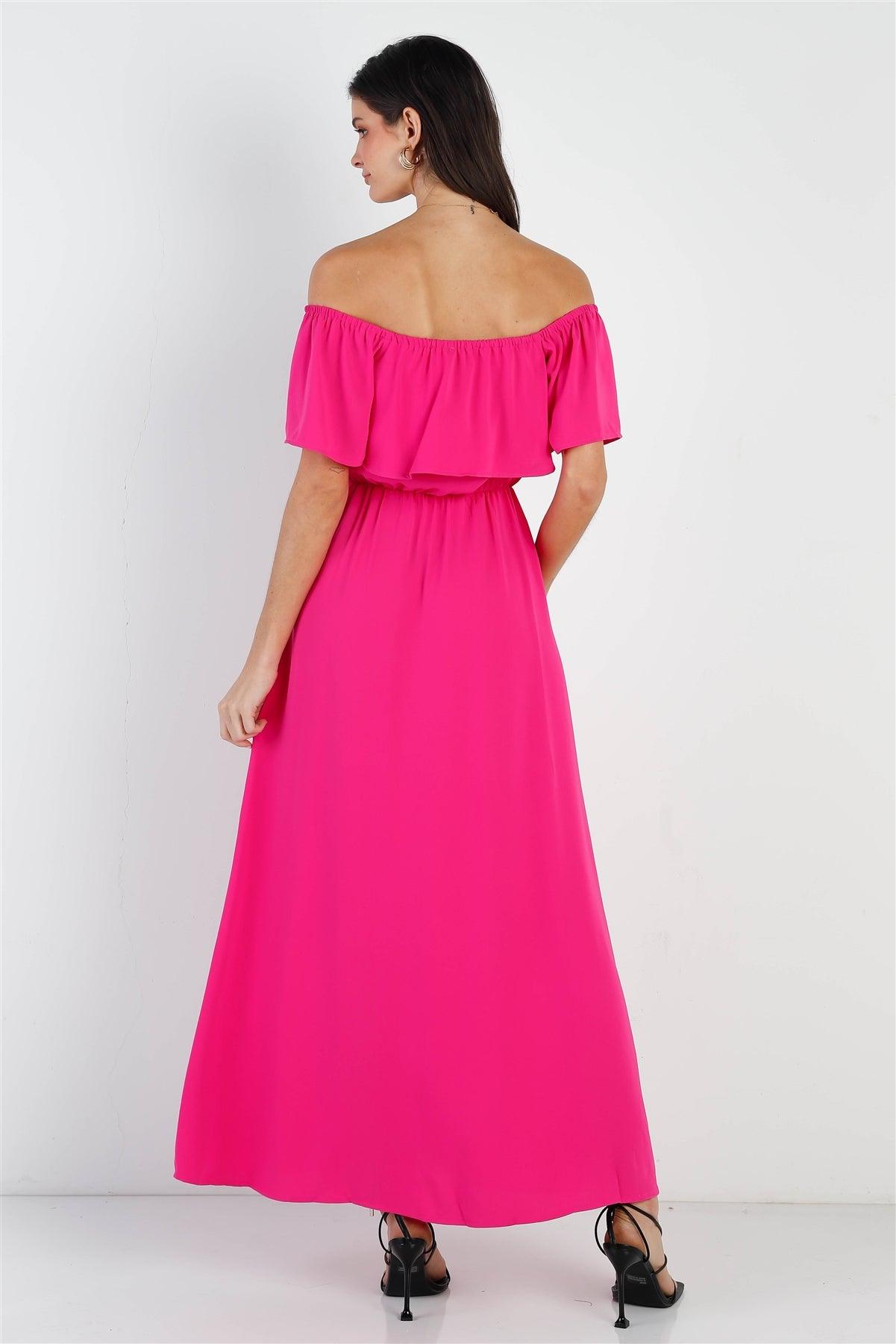 Hot Pink Off-The-Shoulder Ruffle Collar Maxi Dress /1-2-2-1