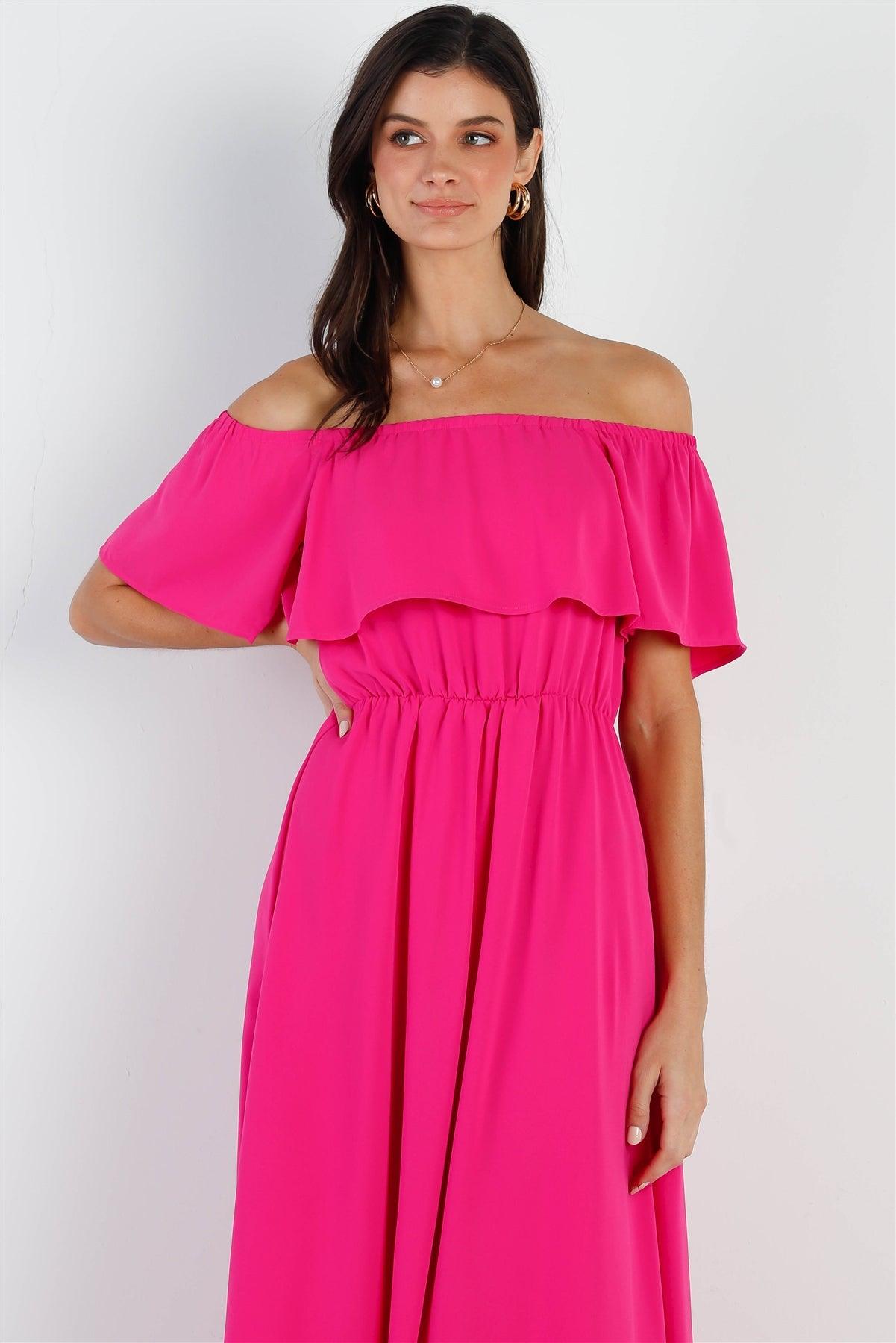 Hot Pink Off-The-Shoulder Ruffle Collar Maxi Dress /1-2-2-1