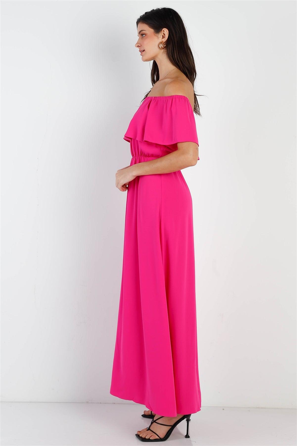 Hot Pink Off-The-Shoulder Ruffle Collar Maxi Dress /1-2-2-1