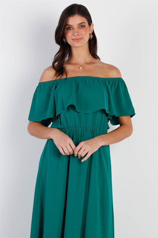 Emerald Off-The-Shoulder Ruffle Collar Maxi Dress /1-2-1