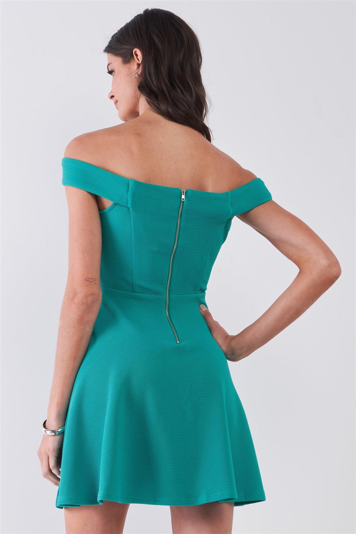 Emerald Green Sleeveless Off-The-Shoulder A-Line Flare Mini Dress /2-2-2