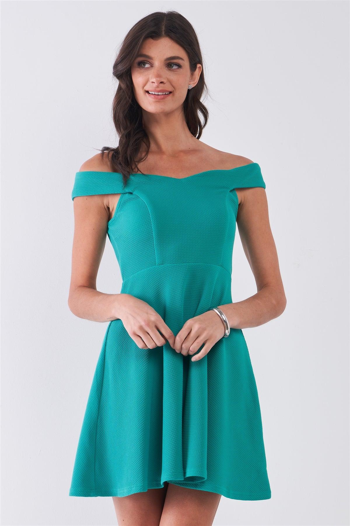 Emerald Green Sleeveless Off-The-Shoulder A-Line Flare Mini Dress /2-2-2