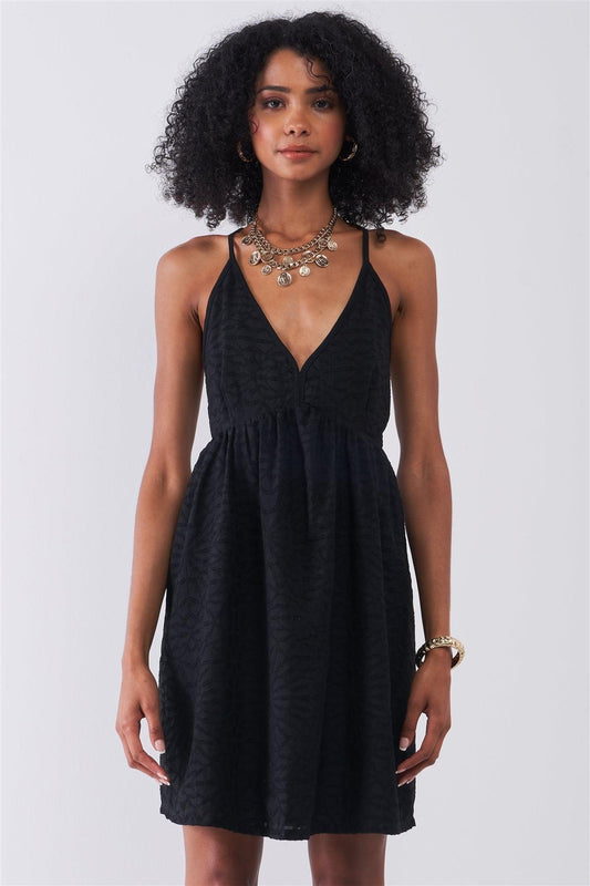 Black Geometric Embroidery V-Neck Sleeveless Criss-Cross Back Mini Dress /1-2-2-1