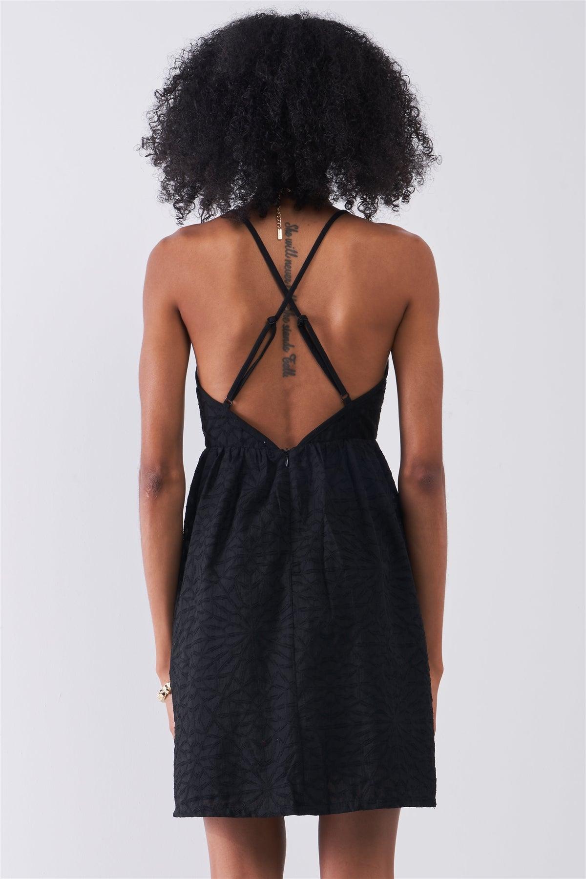 Black Geometric Embroidery V-Neck Sleeveless Criss-Cross Back Mini Dress /1-2-2-1