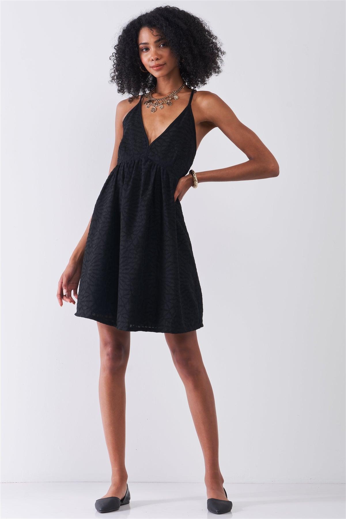 Black Geometric Embroidery V-Neck Sleeveless Criss-Cross Back Mini Dress /1-2-2-1