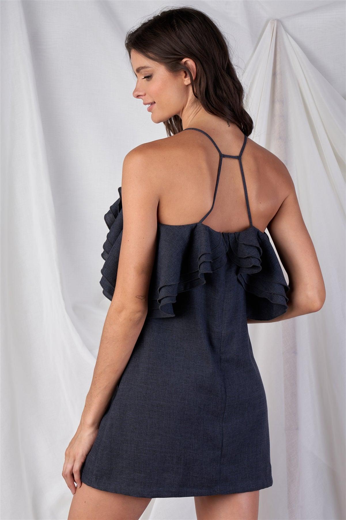 Solid Dark Grey Loose Fit Sleeveless Off-The-Shoulder Massive Triple Ruffle Hem Lined Mini Dress /1-2-1