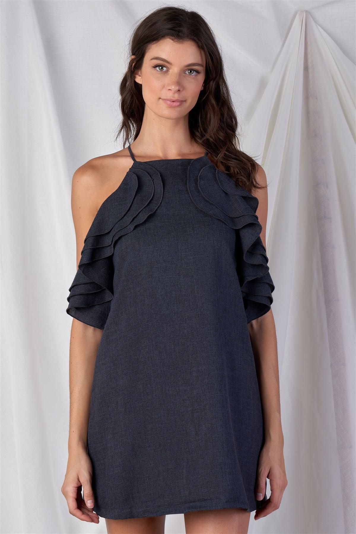 Solid Dark Grey Loose Fit Sleeveless Off-The-Shoulder Massive Triple Ruffle Hem Lined Mini Dress /1-2-1