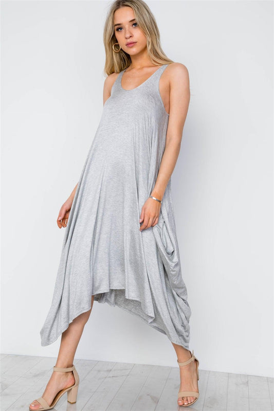 Grey Basic Loose Fit Sleeveless Midi Dress / 2-2-2