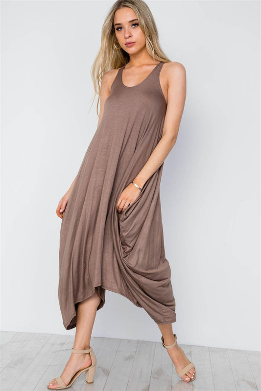 Mocha Basic Loose Fit Sleeveless Midi Dress / 2-2-2