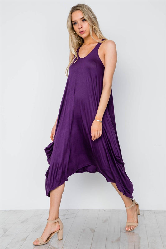 Purple Basic Loose Fit Sleeveless Midi Dress / 1-2-1