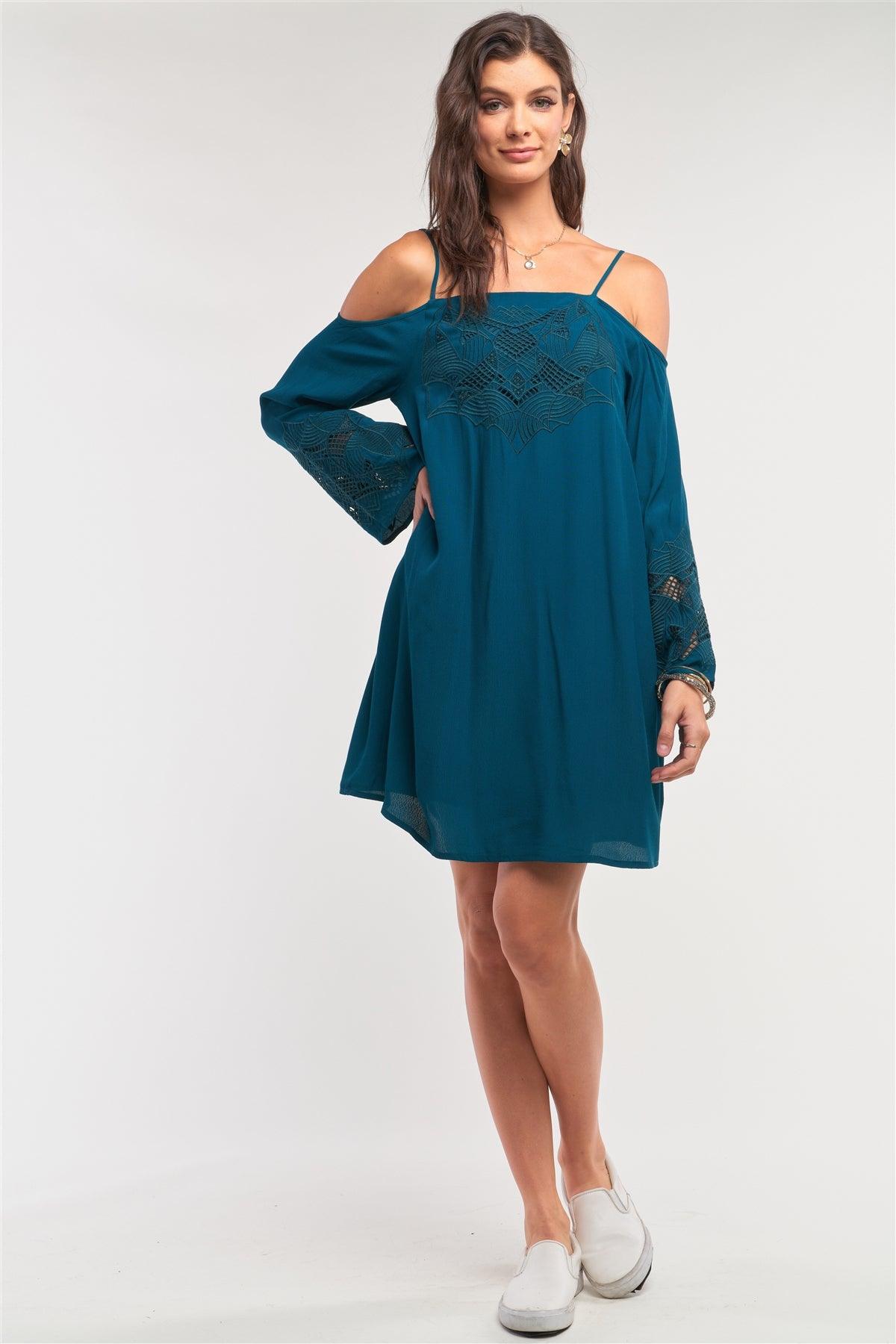 Teal Green Off-The-Shoulder Flare Long Sleeve Square Neck Crochet Embroidery Mini Dress /2-1-2-1