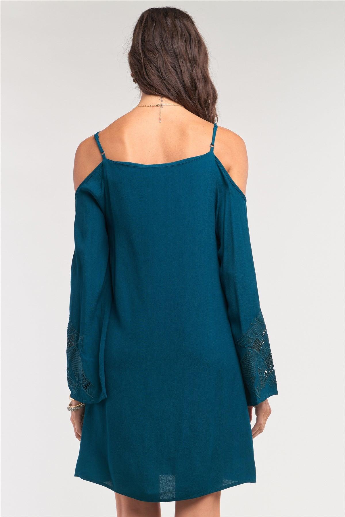 Teal Green Off-The-Shoulder Flare Long Sleeve Square Neck Crochet Embroidery Mini Dress /2-1-2-1