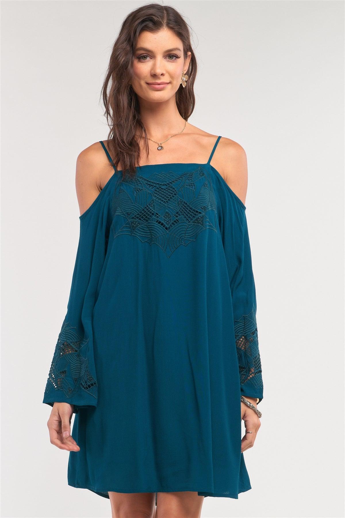 Teal Green Off-The-Shoulder Flare Long Sleeve Square Neck Crochet Embroidery Mini Dress /2-1-2-1