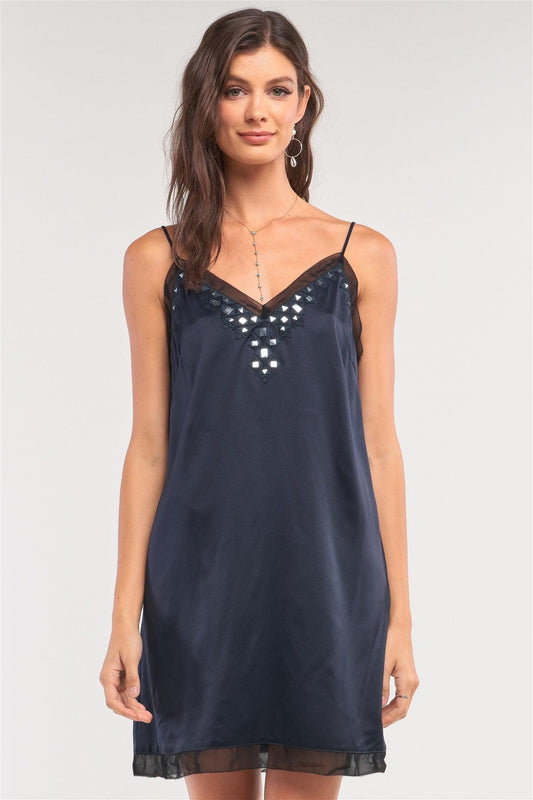 Navy Satin Sleeveless Relaxed Mesh Hem Glass Mosaic Embroidery Detail V-Neck Slip Mini Dress /1-2-2-1