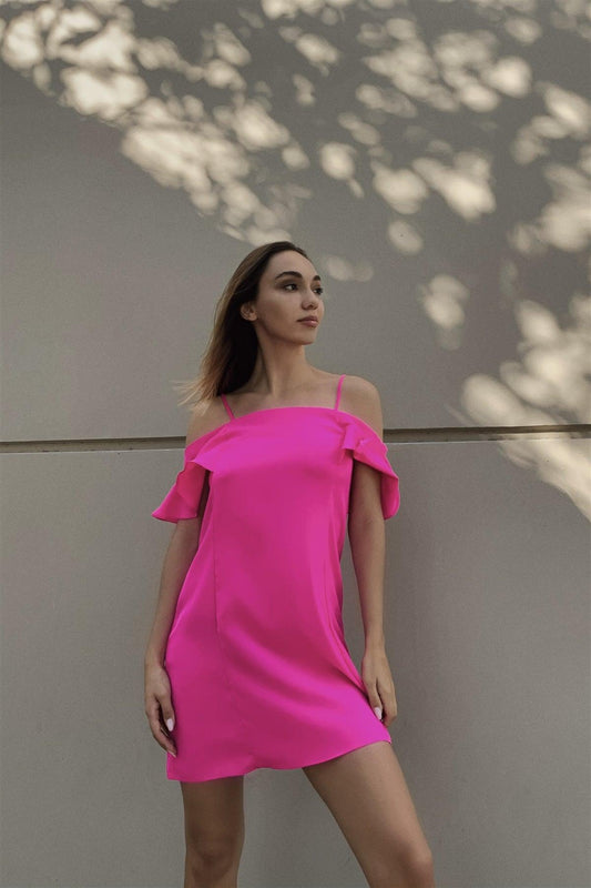 Hot Pink Cold Shoulder Ruffle Mini Shift Dress /1-2-2-1