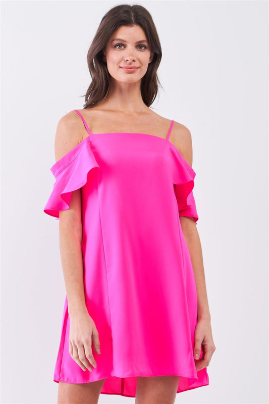 Hot Pink Cold Shoulder Ruffle Mini Shift Dress /1-2-3