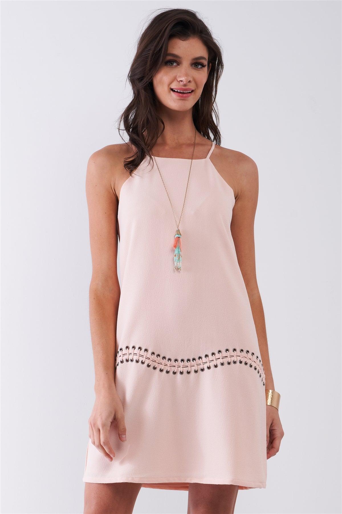 Blush Sleeveless Racer Back Keyhole Lace-Up Front Trim Mini Dress /2-3-1