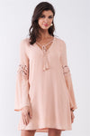 Light Pink Embroidered Trumpet Sleeve Tassel Tip Self-Tie V-Neck Relaxed Mini Dress /1-2-2-1