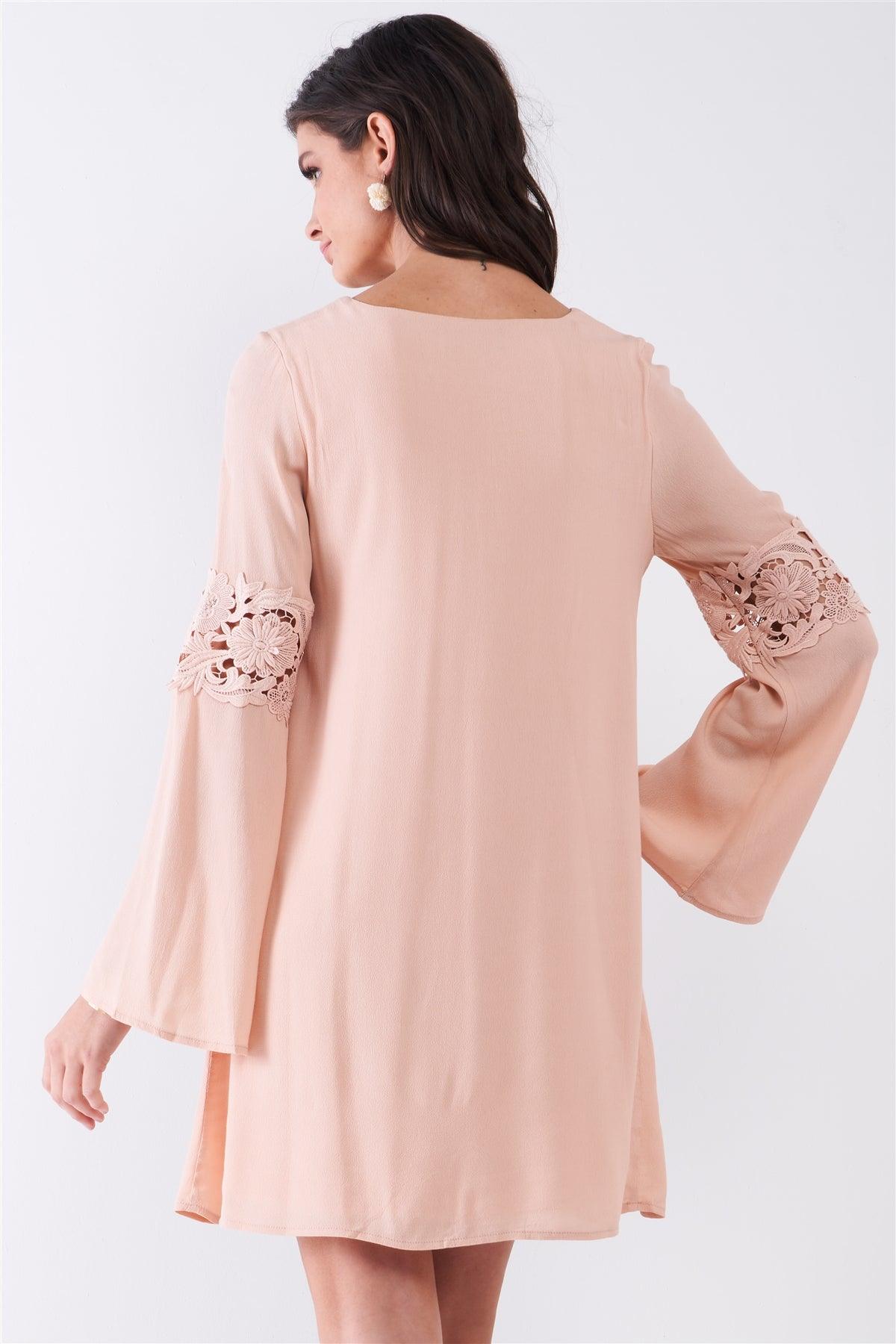 Light Pink Embroidered Trumpet Sleeve Tassel Tip Self-Tie V-Neck Relaxed Mini Dress /1-2-2-1