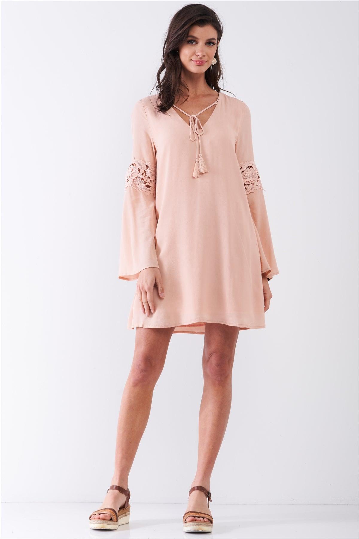 Light Pink Embroidered Trumpet Sleeve Tassel Tip Self-Tie V-Neck Relaxed Mini Dress /1-2-2-1