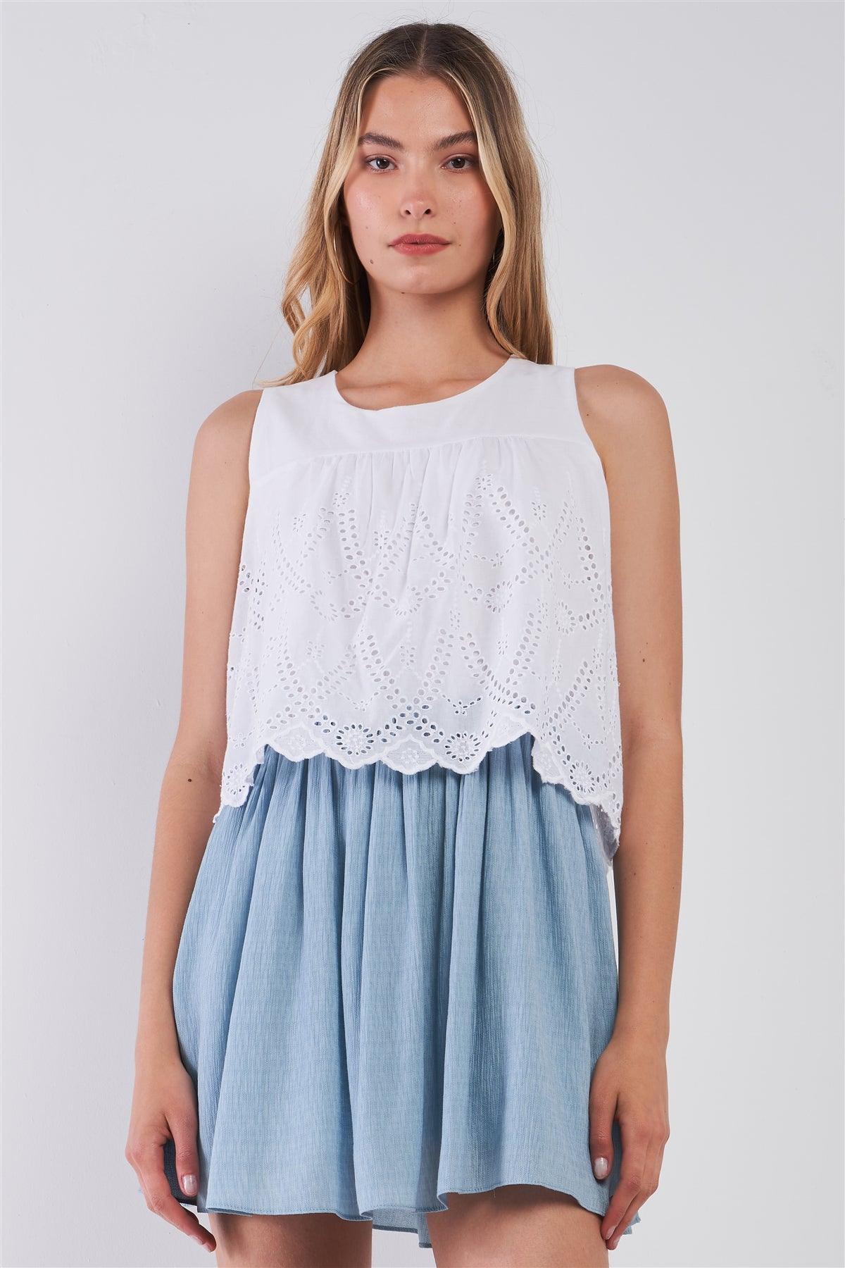 White & Dusty Blue Sleeveless Eyelet Crochet Combined Layered Round Neck Flare Mini Dress /1-2-1