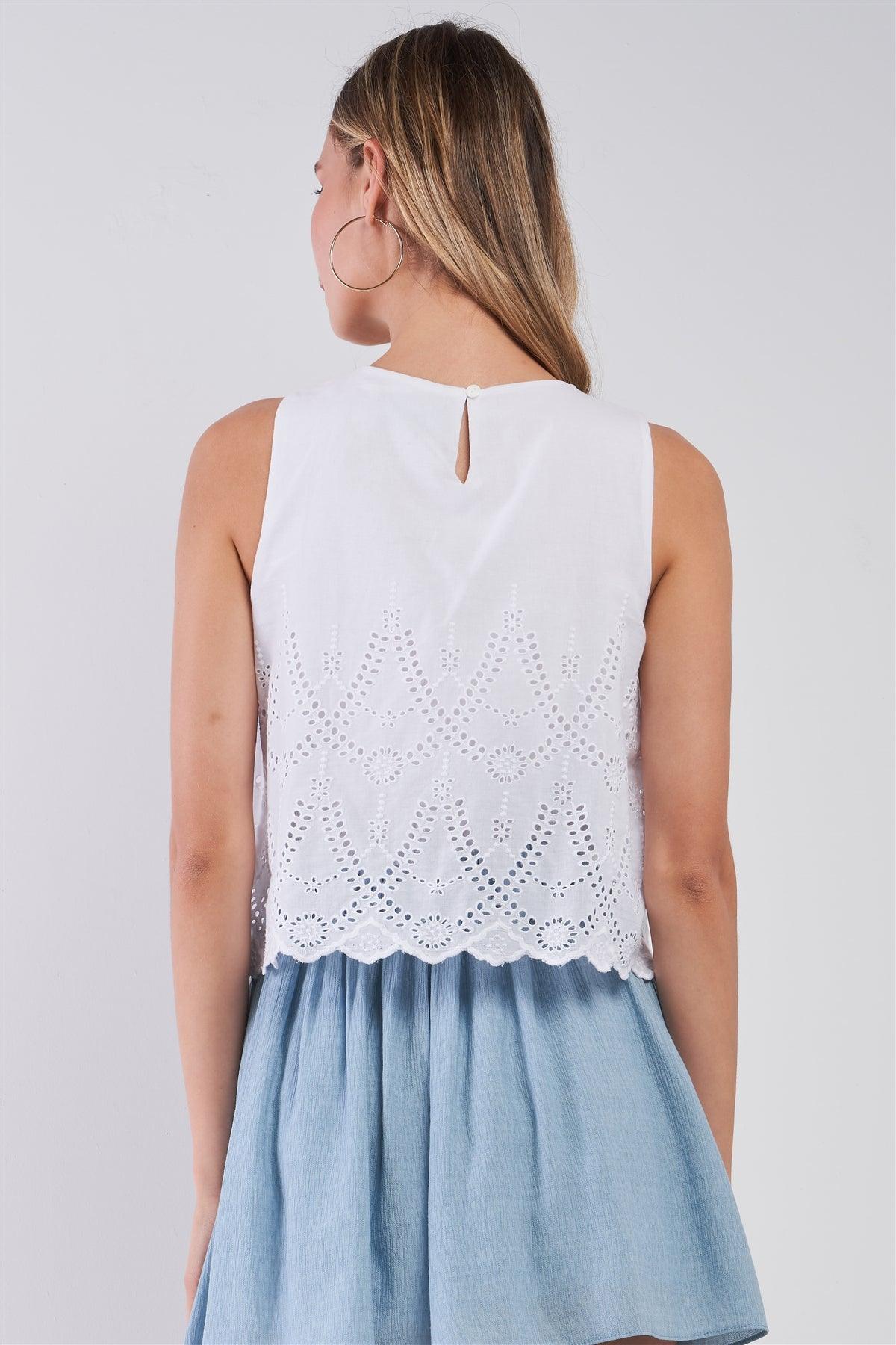 White & Dusty Blue Sleeveless Eyelet Crochet Combined Layered Round Neck Flare Mini Dress /1-2-1