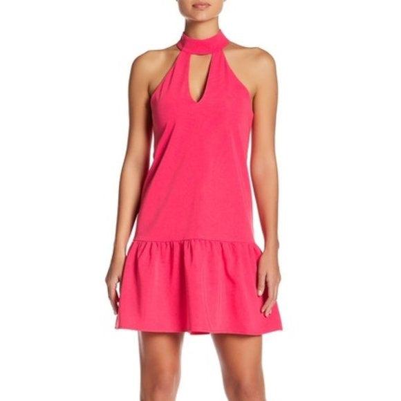 Hot Pink Sleeveless Halter Neck Keyhole Flounce Hem Mini Dress